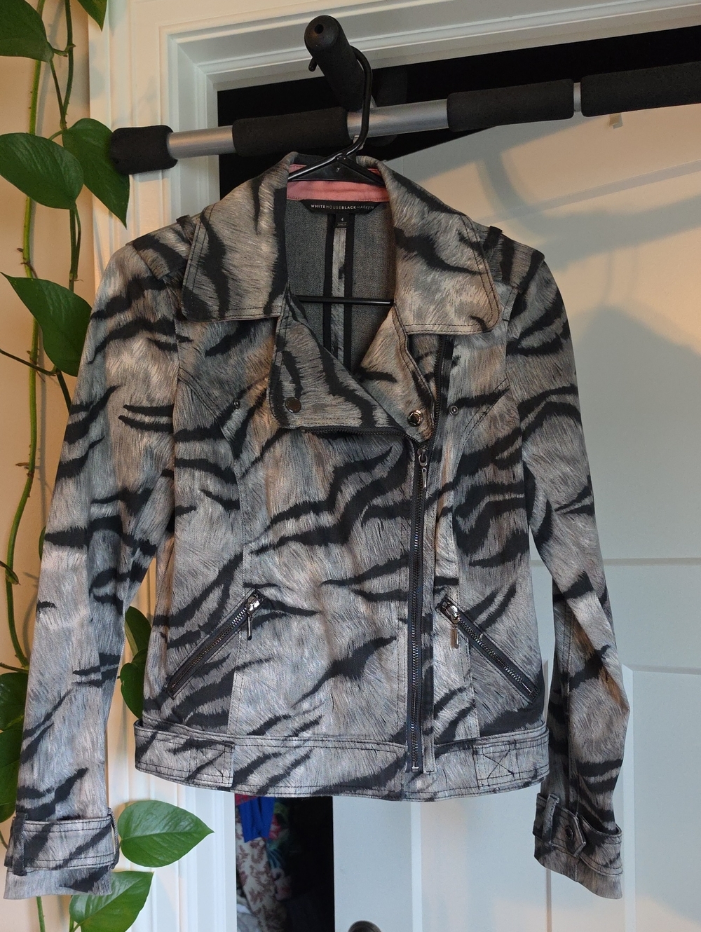White House Black Market Grey and Black Animal-Print Moto Jacket